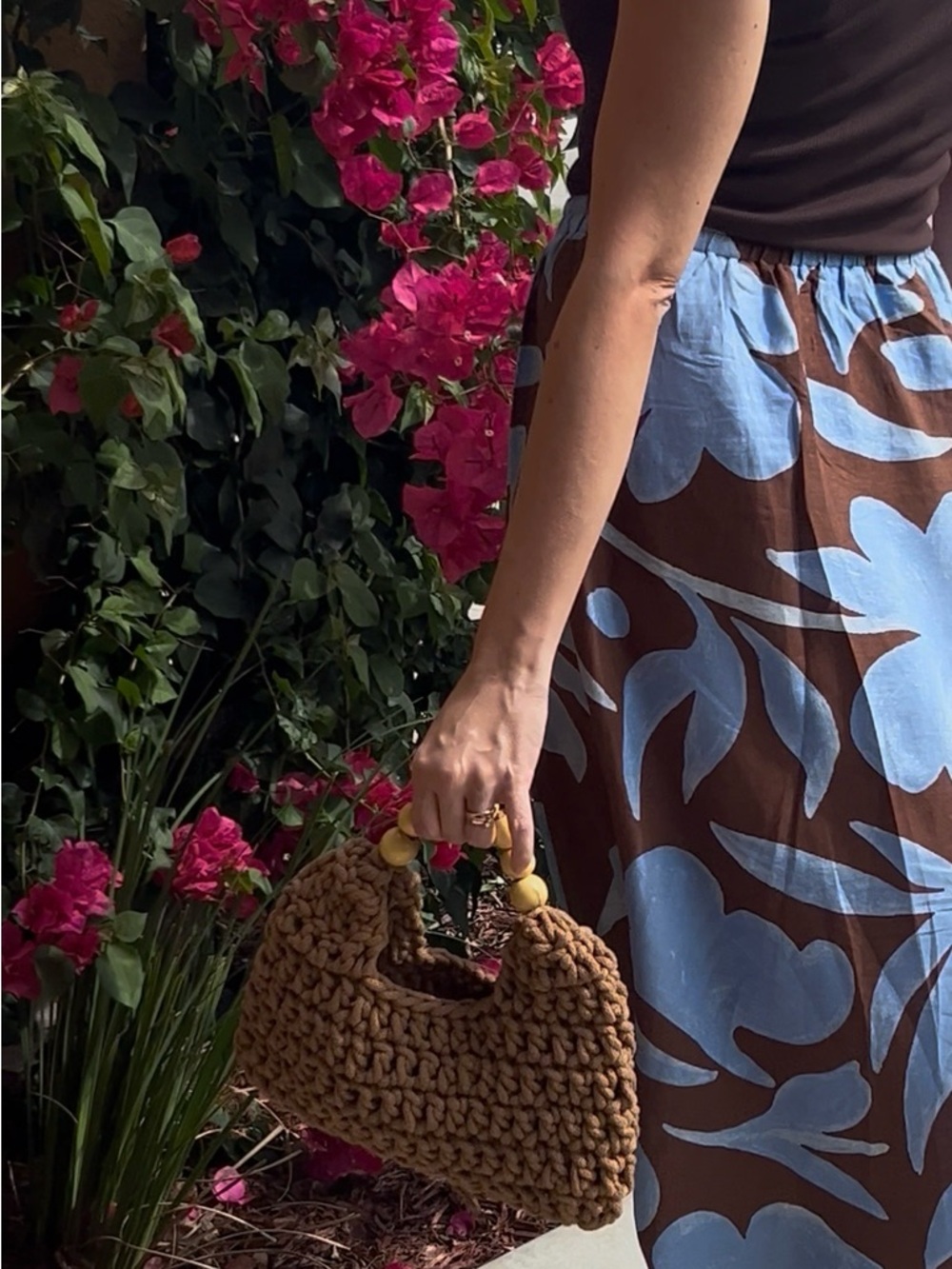 Handmade Crochet Wristlet Clutch in Tan with Wooden Bead Handle - Picture 3 of 3